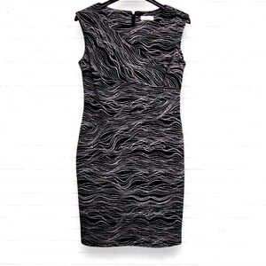 CALVIN KLEIN Black & White Abstract Swirl Leaf Wave Knit Sleeveless Dress 12